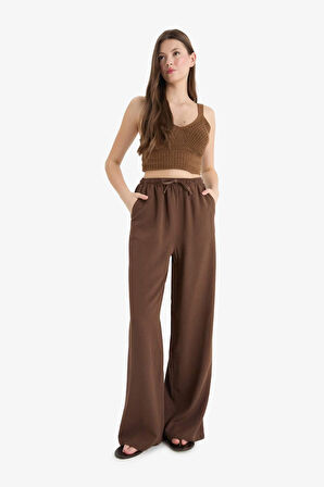 Wide Leg Cepli Yüksek Bel Standart Boy Keten Karışımlı Pantolon