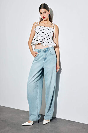 Fitted Puantiyeli Poplin Askılı Bluz