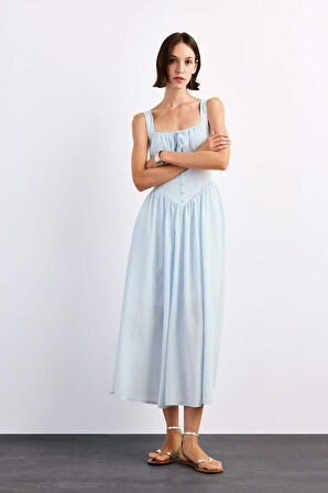 Kare Yaka Askılı Maxi Elbise