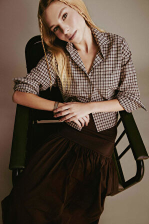 Coool Oversize Geniş Kalıp Crop Kareli Uzun Kollu Gömlek 