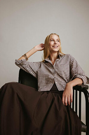 Coool Oversize Geniş Kalıp Crop Kareli Uzun Kollu Gömlek 