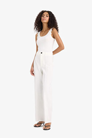 Straight Fit Yüksek Bel Düz Paça Twill Pantolon