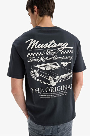 DeFacto %100 Pamuk Ford Motor Company Boxy Fit Bisiklet Yaka Sırt Baskılı Kısa Kollu Tişört F4232AX25SMAR138