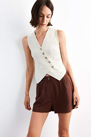 Slim Fit Dar Kesim V Yaka Keten Yelek