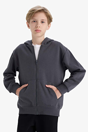	Erkek Çocuk Kapüşonlu Basic Düz Okul Fermuarlı Sweatshirt
