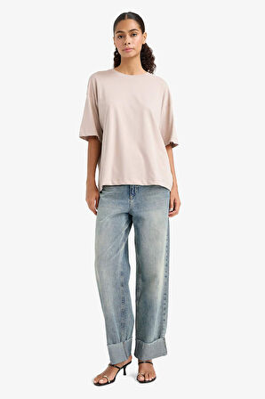 Oversize Geniş Kalıp Bisiklet Yaka Basic Düz Penye Kısa Kollu Tişört