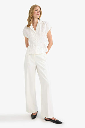 Fitted Ceket Yaka Puantiyeli Poplin Kısa Kollu Gömlek