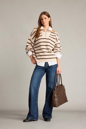 DeFacto Overshirt Fit Balıkçı Yaka Yarım Fermuarlı Çizgili Pamuklu Triko Kazak G6302AX25WNER105