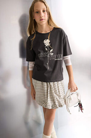 Kız Çocuk Oversize Geniş Kalıp Bisiklet Yaka Baskılı Uzun Kollu Tişört