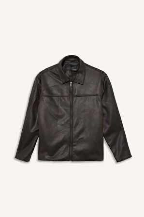 Regular Fit Polo Yaka İç Cepli Suni Deri Mont