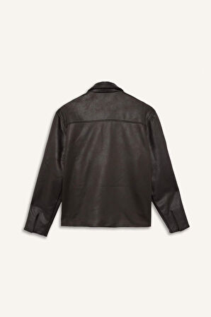 Regular Fit Polo Yaka İç Cepli Suni Deri Mont