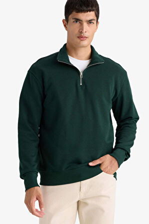 Regular Fit Dik Yaka Yarım Fermuarlı İçi Yumuşak Tüylü Basic Düz Sweatshirt