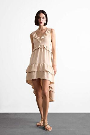 V Yaka Volanlı Asimetrik Kolsuz Midi Elbise