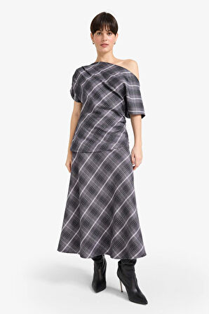 Regular Fit Kayık Yaka Kareli Flanel Kısa Kollu Bluz