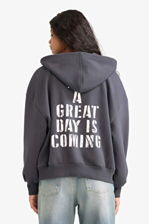 Oversize Geniş Kalıp Kapüşonlu Sırt Baskılı Fermuarlı Sweatshirt