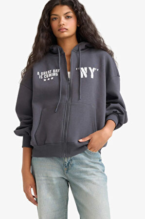 Oversize Geniş Kalıp Kapüşonlu Sırt Baskılı Fermuarlı Sweatshirt
