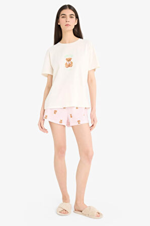 Pijama Takımı Kısa Kollu Baskılı Pijama Üstü Esnek Belli Şort Pijama Altı-Fall in Love