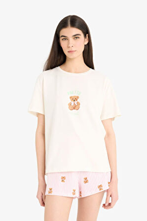 Pijama Takımı Kısa Kollu Baskılı Pijama Üstü Esnek Belli Şort Pijama Altı-Fall in Love