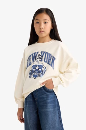 Kız Çocuk Relax Fit Bisiklet Yaka Baskılı Sweatshirt