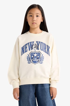 Kız Çocuk Relax Fit Bisiklet Yaka Baskılı Sweatshirt