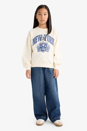 Kız Çocuk Relax Fit Bisiklet Yaka Baskılı Sweatshirt