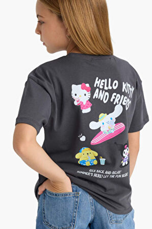 Kız Çocuk Hello Kitty Relax Fit Bisiklet Yaka Sırt Baskılı Kısa Kollu Tişört
