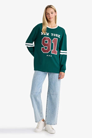 Loose Fit Bisiklet Yaka Sırt Baskılı Sweatshirt
