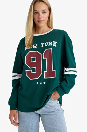 Loose Fit Bisiklet Yaka Sırt Baskılı Sweatshirt