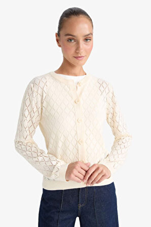 Regular Fit Bisiklet Yaka Ajurlu Düğmeli Triko Hırka