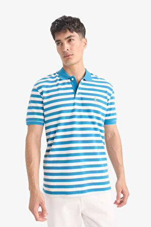 DeFacto Regular Fit Polo Yaka Kısa Kollu Çizgili Nakışlı Pike Polo Tişört E2631AX25SMBE535