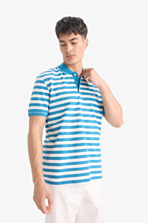 DeFacto Regular Fit Polo Yaka Kısa Kollu Çizgili Nakışlı Pike Polo Tişört E2631AX25SMBE535