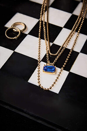 Kadın Mavi Taşlı Gold Kolye