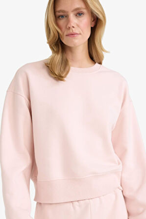Boxy Fit Bisiklet Yaka Basic Düz Kalın Sweatshirt Kumaşı Sweatshirt
