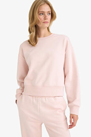 Boxy Fit Bisiklet Yaka Basic Düz Kalın Sweatshirt Kumaşı Sweatshirt