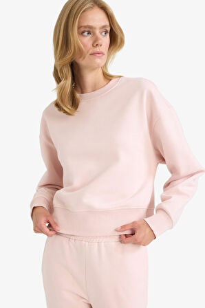 Boxy Fit Bisiklet Yaka Basic Düz Kalın Sweatshirt Kumaşı Sweatshirt