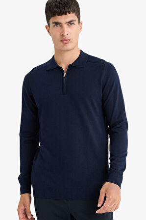 Standart Fit Polo Yaka Yarım Fermuarlı Premium Triko Kazak