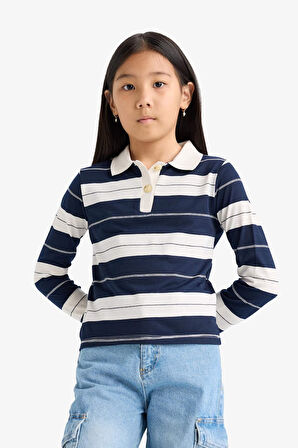 Kız Çocuk Fitted Polo Yaka Çizgili Uzun Kollu Tişört