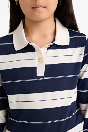 Kız Çocuk Fitted Polo Yaka Çizgili Uzun Kollu Tişört