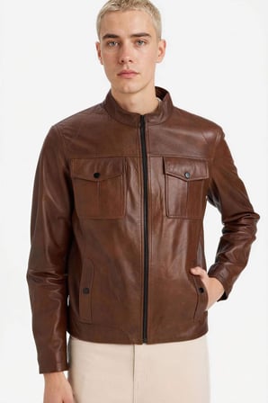 DeFacto %100 Deri Premium Slim Fit Dar Kesim Dik Yaka Astarlı Fermuarlı Mont G5569AX25WNBN539