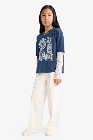 Kız Çocuk 2'li Takım Dantel Detayli Uzun Kollu Tişört Eşofman Altı