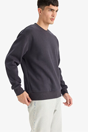 Relax Fit Bisiklet Yaka Kalın İçi Yumuşak Tüylü Basic Düz Sweatshirt