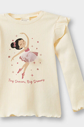 Kız Bebek Bisiklet Yaka Balerin Baskılı Fitilli Kaşkorse Uzun Kollu Tişört 