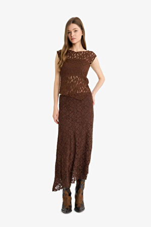 Coool Fitted Yuvarlak Yaka Dantel Kısa Kollu Bluz