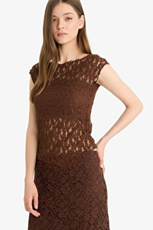 Coool Fitted Yuvarlak Yaka Dantel Kısa Kollu Bluz