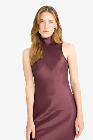 Regular Fit Saten Kolsuz Maxi Elbise