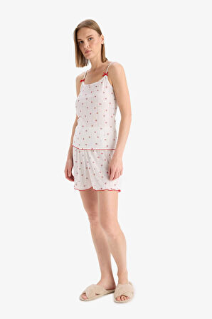 DeFacto 	Regular Fit Pijama Takımı Desenli Askılı Pijama Üstü Esnek Belli Şort Pijama Altı-Fall in Love F5774AX25SMER85