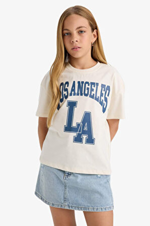 Kız Çocuk Relax Fit Bisiklet Yaka Üniversite Baskılı Kısa Kollu Tişört