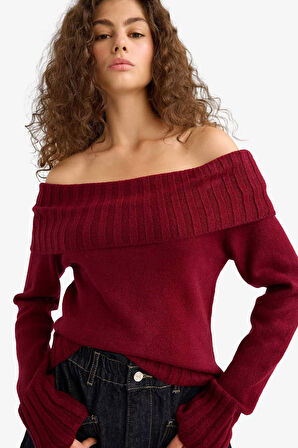 Slim Fit Dar Kesim Açık Omuz Kazak