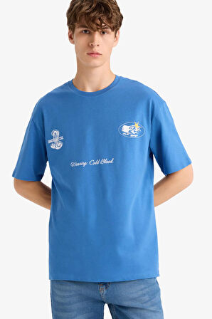 Boxy Fit Bisiklet Yaka Baskılı Kısa Kollu Tişört