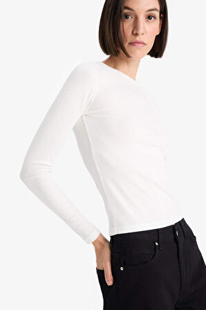 Slim Fit Dar Kesim Basic Düz Fitilli Kaşkorse Uzun Kollu Tişört